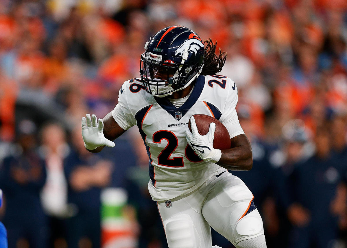 Tyler Badie of the Denver Broncos reacts after rushing for a News Photo  - Getty Images