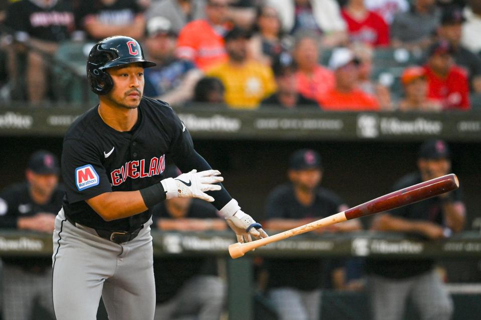 Jun 24, 2024; Baltimore, Maryland, USA; Cleveland Guardians outfielder Steven Kwan (38) runs out a first inning single against the Baltimore Orioles at Oriole Park at Camden Yards. Mandatory Credit: Tommy Gilligan-USA TODAY Sports