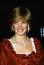 <p> Here, Princess Diana (pregnant with William) attends an event at the Barbican Centre in 1982 wearing the loaned necklace. It was beautifully emphasized by the square neckline of Diana's dress. </p>