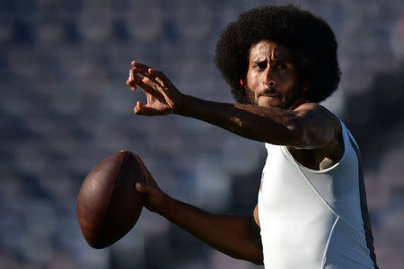 FILE PHOTO:Sep 1, 2016; San Diego, CA, USA; San Francisco 49ers quarterback Colin Kaepernick (7) throws a pass before the game against the San Diego Chargers at Qualcomm Stadium. Mandatory Credit: Jake Roth-USA TODAY Sports / Reuters Picture Supplied by Action Images