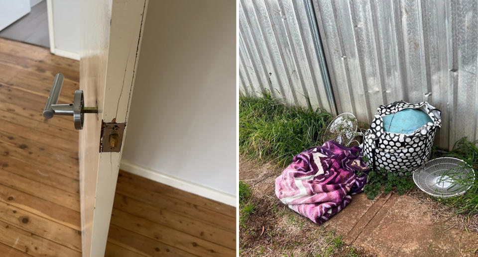 Left, one of the interior doors can be seen cracked with the handle falling off. Right, a group of bags can be seen on the grass outside filled with discarded items and a broken fan. 