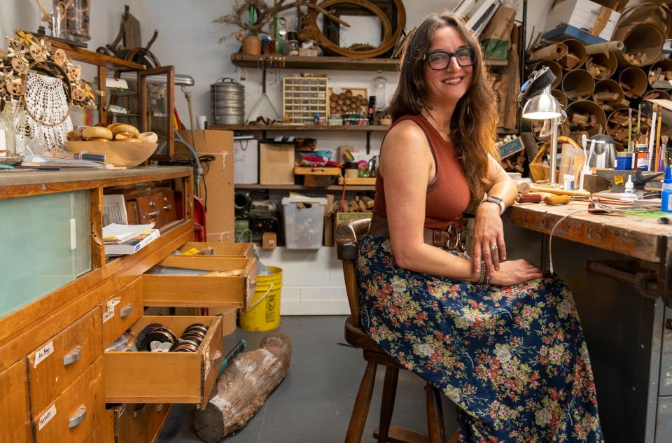 Jewelry artist Allison Ford at The Harrison Center in downtown Indianapolis, Monday, July 11, 2022, which serves as a studio space and collaboration spot for area artists. 