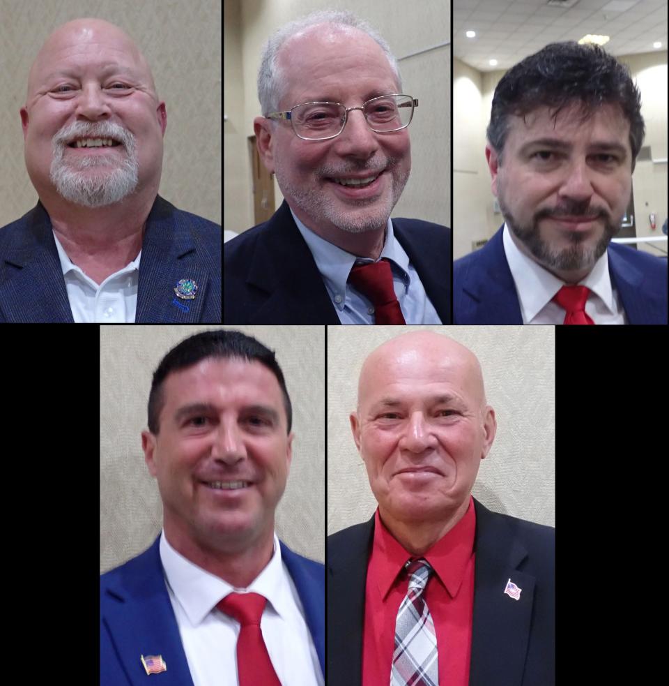 Republican candidates for Sussex County commissioner in the 2024 primary include (clockwise from upper right): Earl Schick, Harvey Roseff, Robert Kovic, Christopher Carney and Alan Henderson.