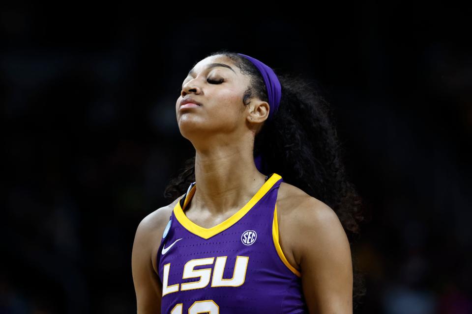 Angel Reese reacts in the waning moments of LSU's loss to Iowa in the Albany regional final. She finished the game with 17 points and 20 rebounds.