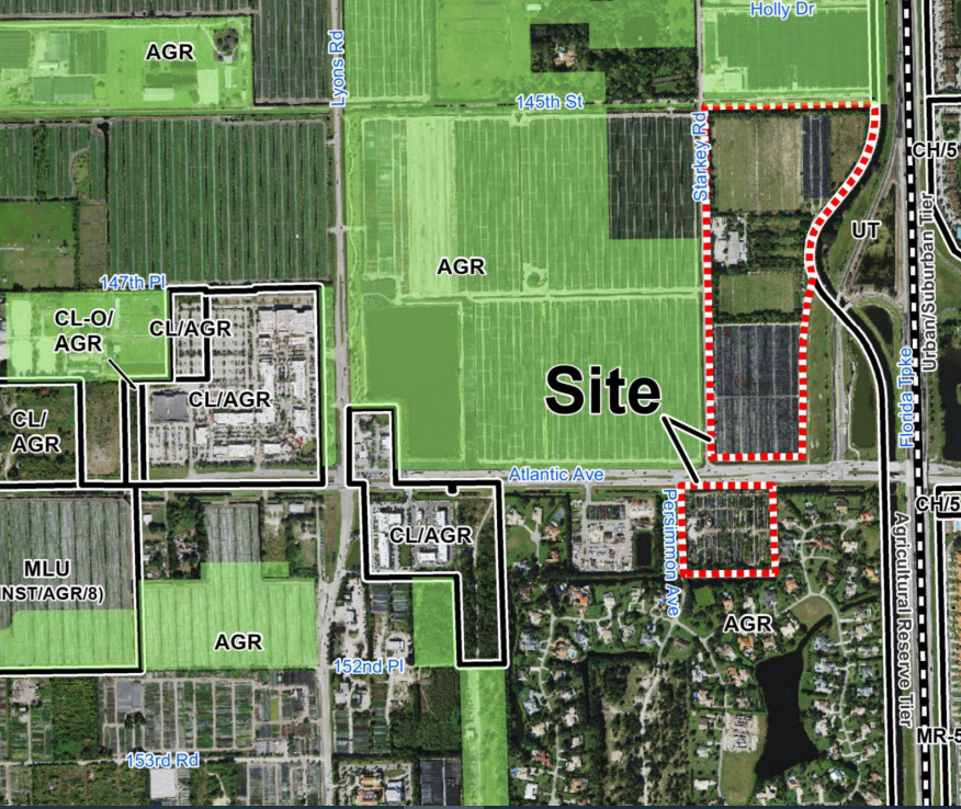 Map shows site where longtime nursery operator Paul Okean wants to build a mixed-use project that would include commercial and retail space, a hotel and 734 apartments in the Ag Reserve at the intersection of the Turnpike and Atlantic Avenue. The Planning Commission called the proposal "a bridge too far," recommending it not be built.