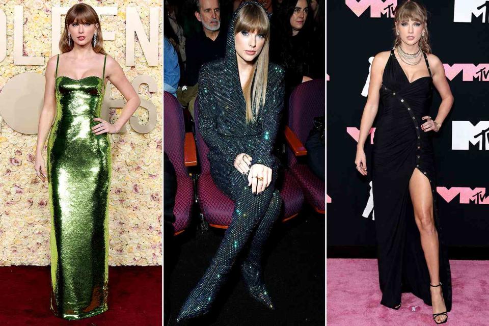 <p>Monica Schipper/GA/The Hollywood Reporter via Getty Images; Kevin Mazur/Getty Images; </p> Taylor Swift is bringing back her "Reputation"-coded outfits