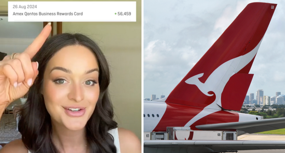 Katelin showing her new Qantas points next to Qantas plane