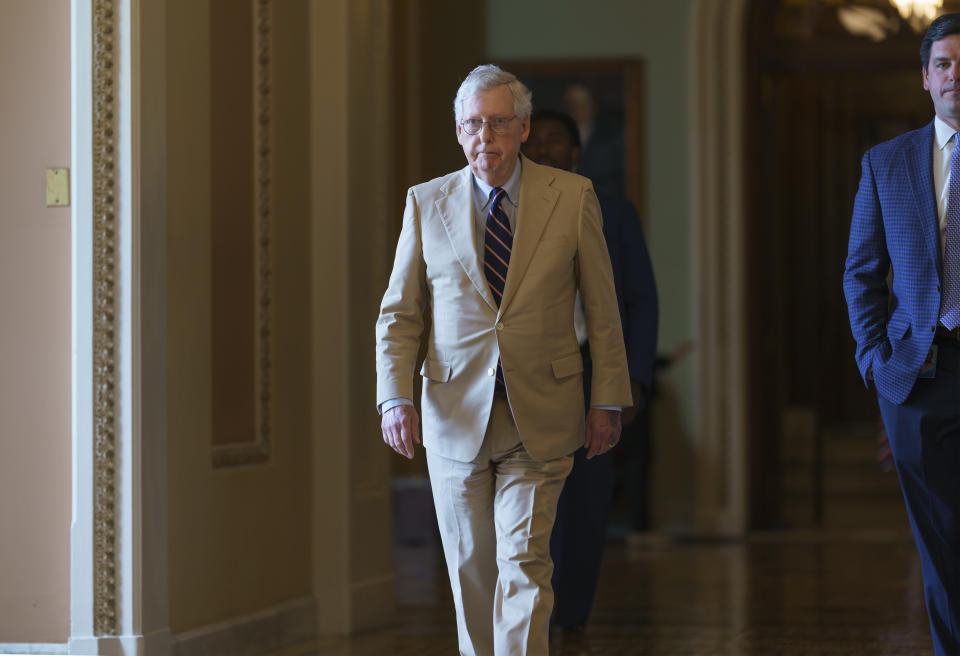 Senate Minority Leader Mitch McConnell, R-Ky., leaves the chamber as the Senate resumes work following a ten-day recess, at the Capitol in Washington, Monday, June 7, 2021. President Joe Biden has dismissed a fresh Republican infrastructure proposal but indicates the two sides will be talking again.(AP Photo/J. Scott Applewhite)