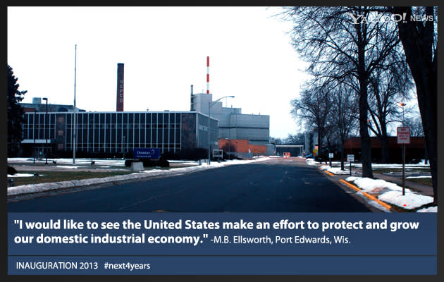 M.B. Ellsworth writes: "Over the next four years, I would like to see the United States make an effort to protect and grow our domestic industrial economy. This Domtar plant in Port Edwards, Wis., is a good example of what happens when international companies purchase local industry. The products once made at this facility are now being made in Canada and shipped into the United States. My community lost close to 500 jobs when this plant closed. That many jobs lost in a small community has been devastating to housing prices and increased the number of unemployed workers. This factory closed more than five years ago, and Domtar has not redeveloped the property. The U.S. economy will only get weaker, the unemployment rate will stay flat and decent-paying manufacturing jobs will all but disappear."