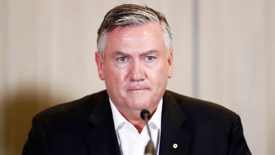 Eddie McGuire is pictured here at a February press conference to announce his resignation as Collingwood president.