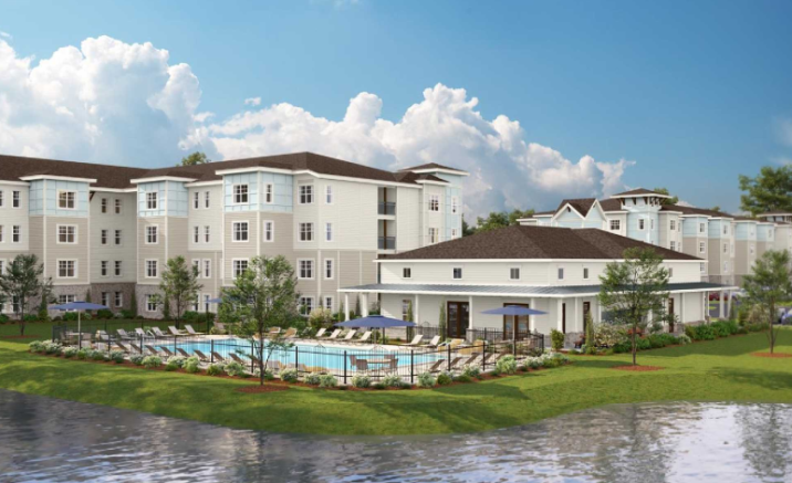 A rendering of the pool and clubhouse area at Starway Village, a 278-unit workforce housing development proposed off Carolina Beach Road.