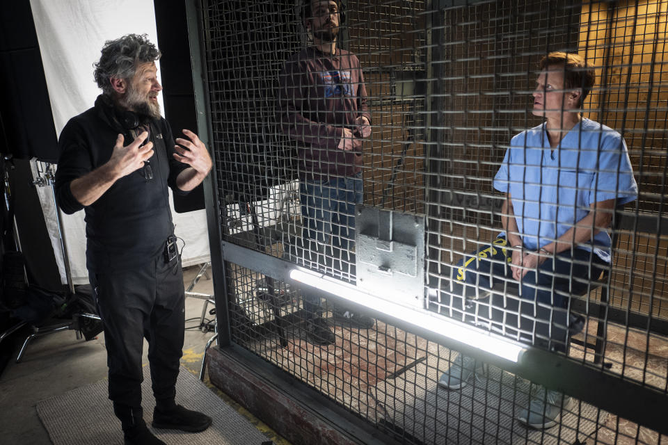 This image released by Sony Pictures shows director Andy Serkis, left, and Woody Harrelson, right, on the set of "Venom: Let There Be Carnage." (Jay Maidment/Sony Pictures Entertainment via AP)