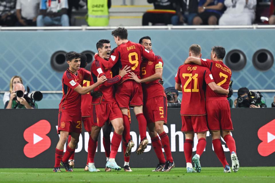 Alvaro Morata 3rd L of Spain celebrates with teammates after scoring during the Group E match between Japan and Spain at the 2022 FIFA World Cup at Khalifa International Stadium in Doha, Qatar, Dec. 1, 2022. (Photo by Xiao Yijiu/Xinhua via Getty Images)