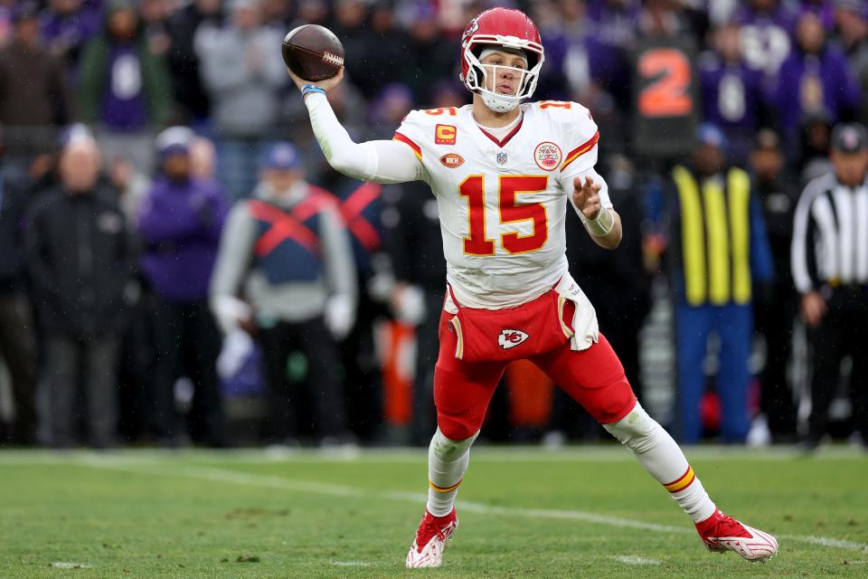 BALTIMORE, MARYLAND - JANUARY 28: Patrick Mahomes #15 of the Kansas City Chiefs throws a pass against the Baltimore Ravens during the second quarter in the AFC Championship Game at M&T Bank Stadium on January 28, 2024. (Photo by Rob Carr/Getty Images)