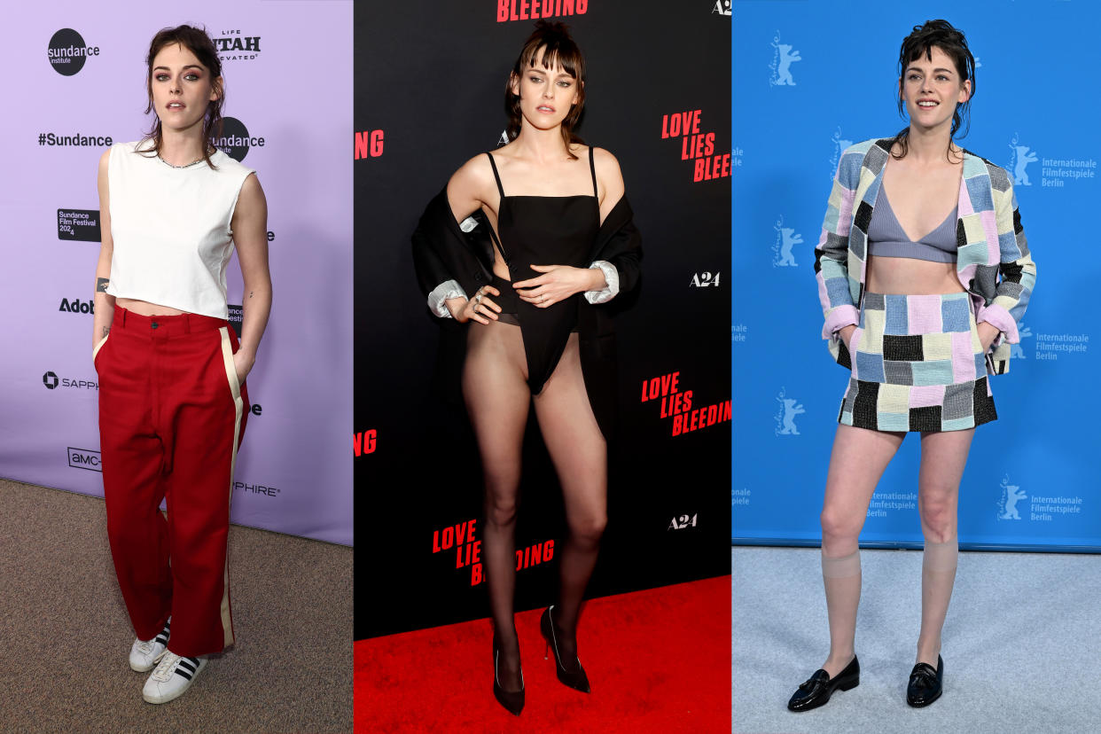 "Love Lies Bleeding" star Kristen Stewart is ruling the red carpet with her risqué fashion choices. (Matt Winkelmeyer/Getty Images; Emma McIntyre/Getty Images; Jens Kalaene/picture alliance via Getty Images)