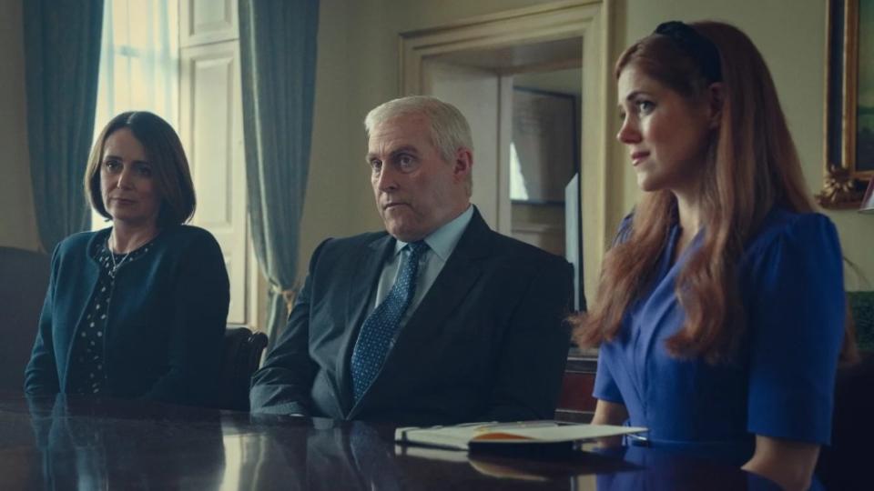 From left to right: Keeley Hawes, Rufus Sewell and Charity Wakefield in "Scoop" (Netflix)