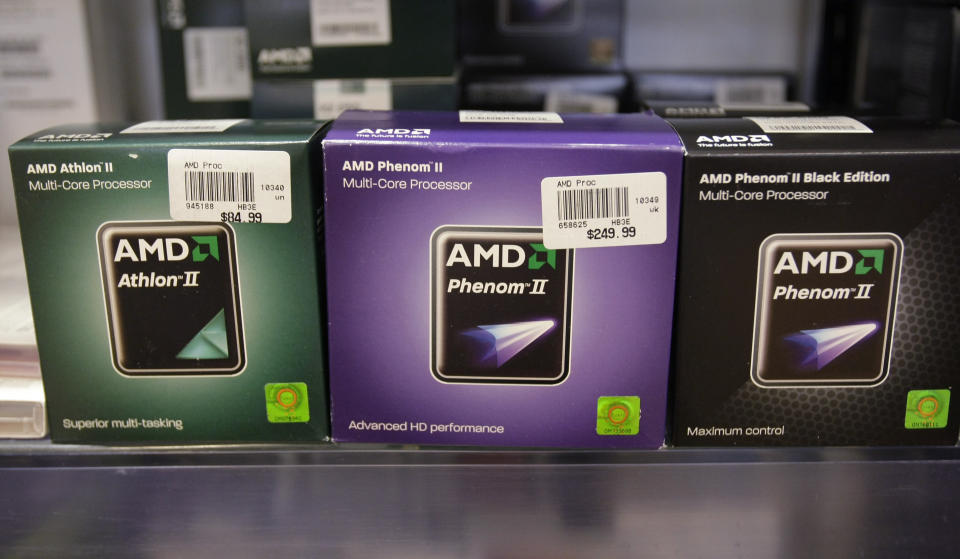 FILE - In this Jan. 20, 2011, file photo, AMD chips are displayed at the Micro Center computer store in Santa Clara, Calif. AMD is buying processing platform developer Xilinx in an all-stock deal valued at $35 billion. (AP Photo/Paul Sakuma, File)