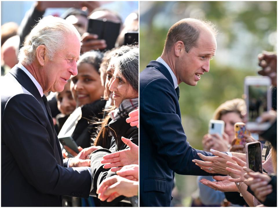 King Charles III and Prince William greet people standing in line to view the Queen's coffin.