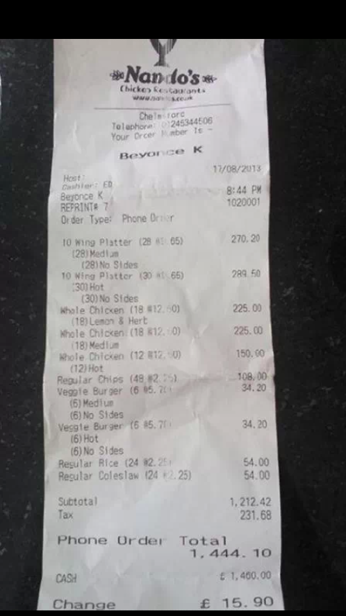 Beyonce nandos receipt