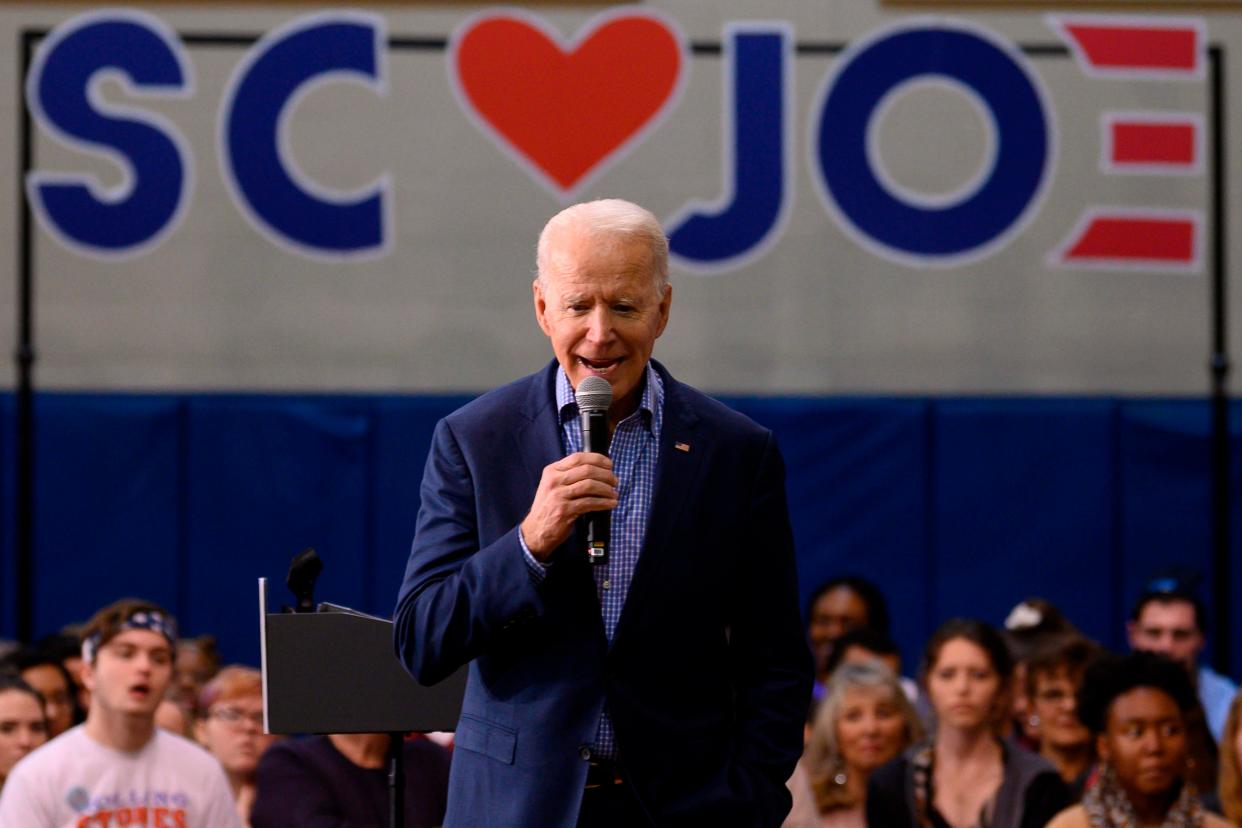 President Joe Biden speaks during a rally in Conway, South Carolina, on February 27, 2020, during the Democratic presidential primary. South Carolina delivered Biden his first primary victory of the election cycle.