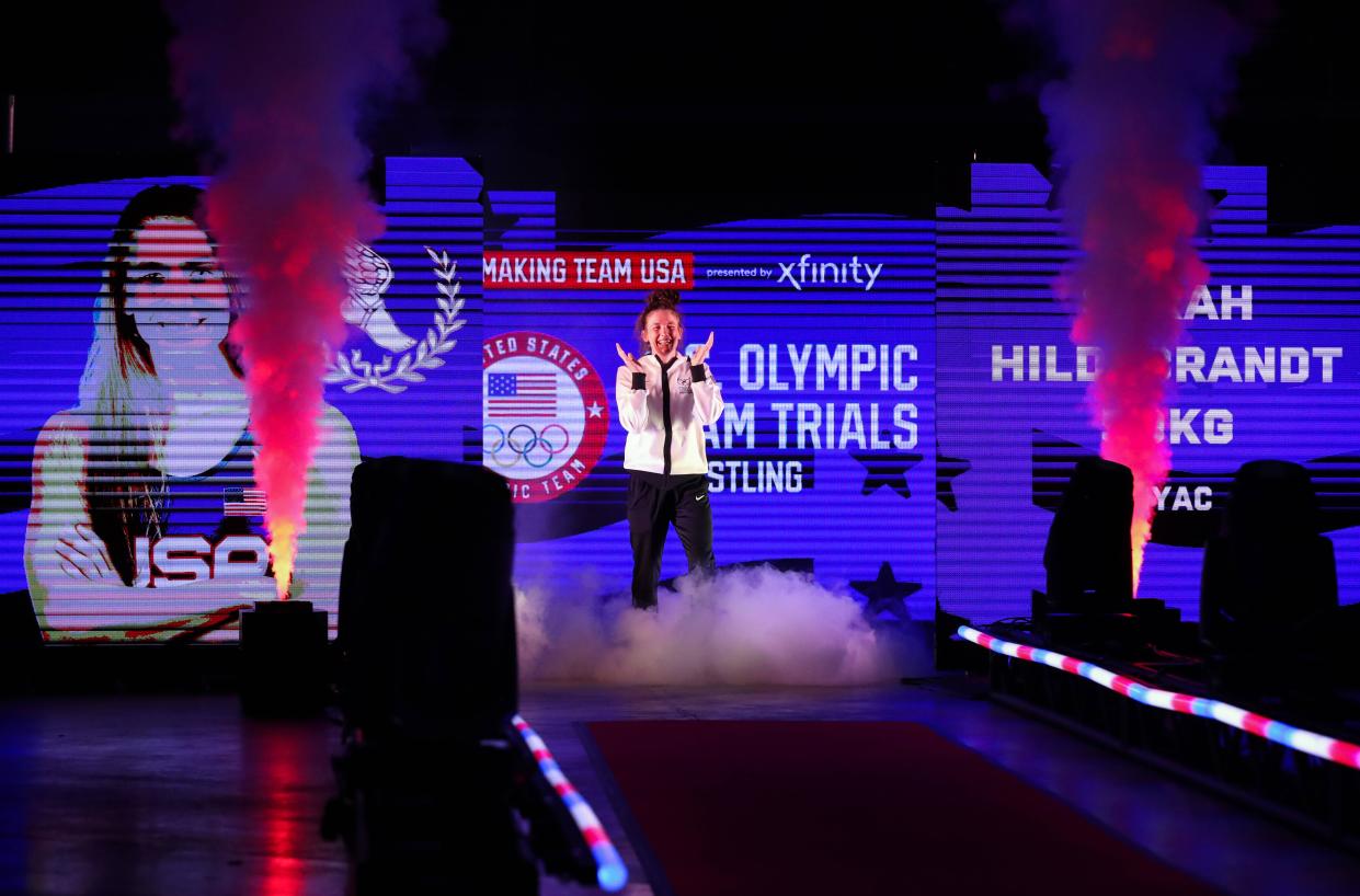 Apr 20, 2024; State College, Pennsylvania, USA; Sarah
Hildebrandt reacts while being introduced as a member of the USA Wrestling Team after winning the 50 kilograms Championship Final during day two of the U.S. Olympic Wrestling Team Trials at Bryce Jordan Center at Penn State. Mandatory Credit: Matthew O'Haren-USA TODAY Sports