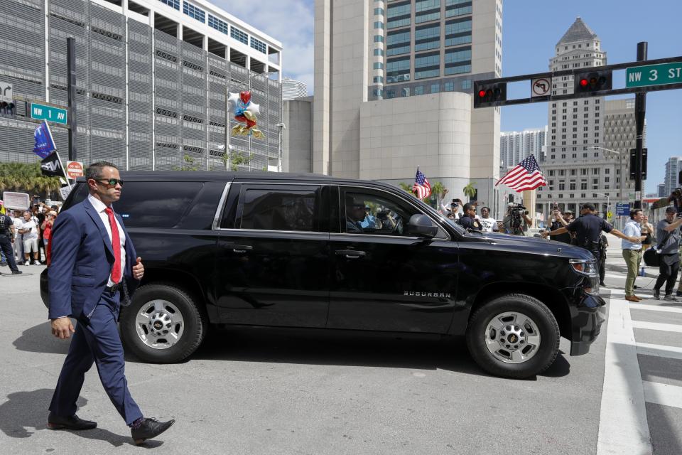 Jun 13, 2023; Miami, FL, USA; A motorcade with former President Donald Trump leaves the Wilkie D. Ferguson Jr. U.S. Courthouse after the former president pleaded not guilty in Miami federal court.