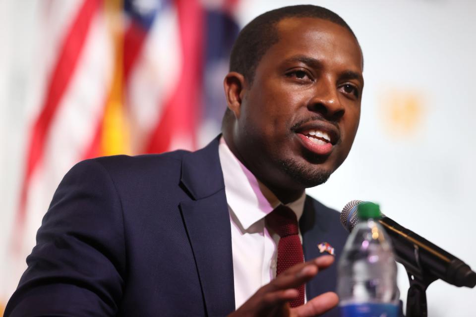 Democratic gubernatorial candidate JB Smiley speaks during a forum at the UT Health Science Center's Schreier Auditorium in Memphis, Tenn. on Thursday, June 16, 2022.