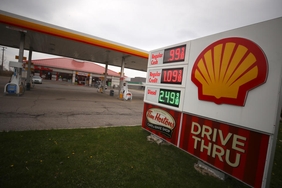 SOUTHGATE, MICHIGAN - APRIL 24: A Shell gas station is seen with a sign displaying gas for $ 0.99 per gallon on April 24, 2020 in Southgate, Michigan. With the demand of oil crashing due to restrictions from coronavirus gas prices across the country have plummeted with some areas seeing prices fall under a dollar a gallon. (Photo by Gregory Shamus/Getty Images)