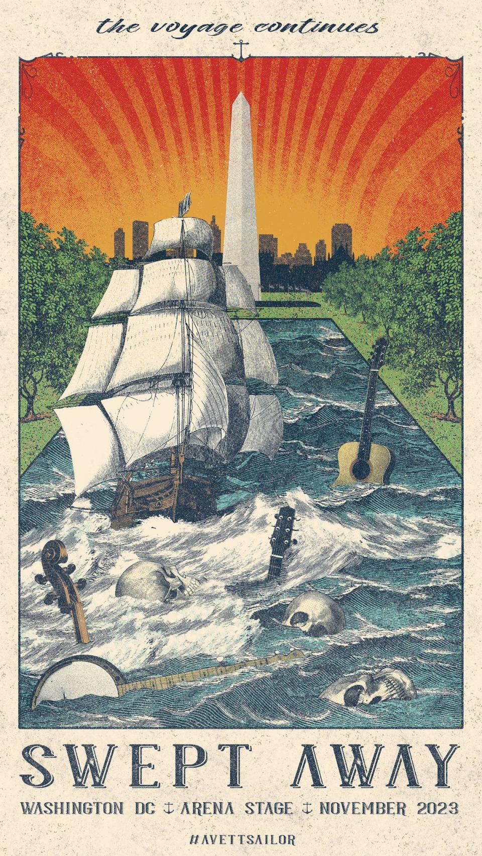 The Avett Brothers commissioned this poster by Tortuga Design Studio for the “Swept Away” run at Arena Stage in Washington, D.C.