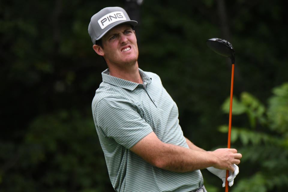 SILVIS, IL - JULY 08: Mito Pereira follows the progress of his ball after hitting his tee shot on the #2 hole during the first round of the John Deere Classic on July 08, 2021, at TPC Deere Run, Silvis, IL.  (Photo by Keith Gillett/Icon Sportswire via Getty Images),