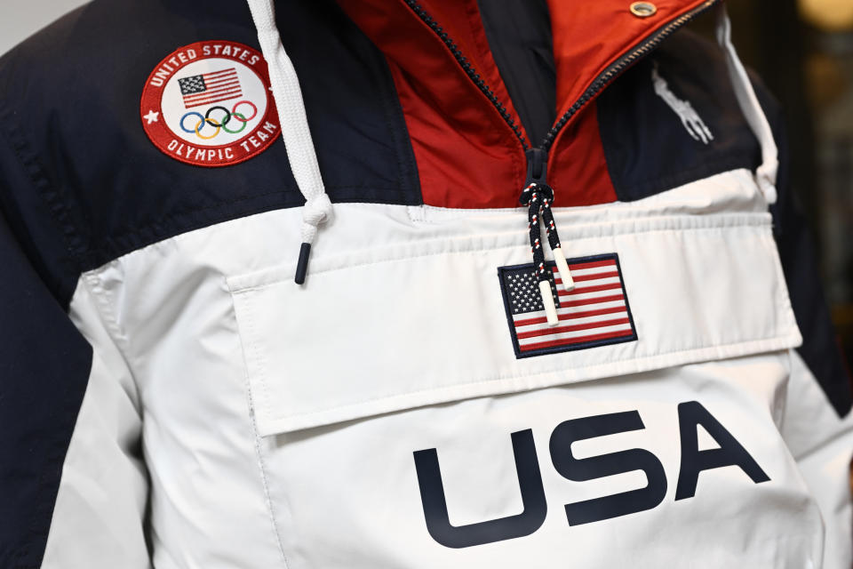 A Team USA Beijing winter Olympics opening ceremony uniform designed by Ralph Lauren is displayed Wednesday, Jan. 19, 2022, in New York. (Photo by Evan Agostini/Invision/AP)