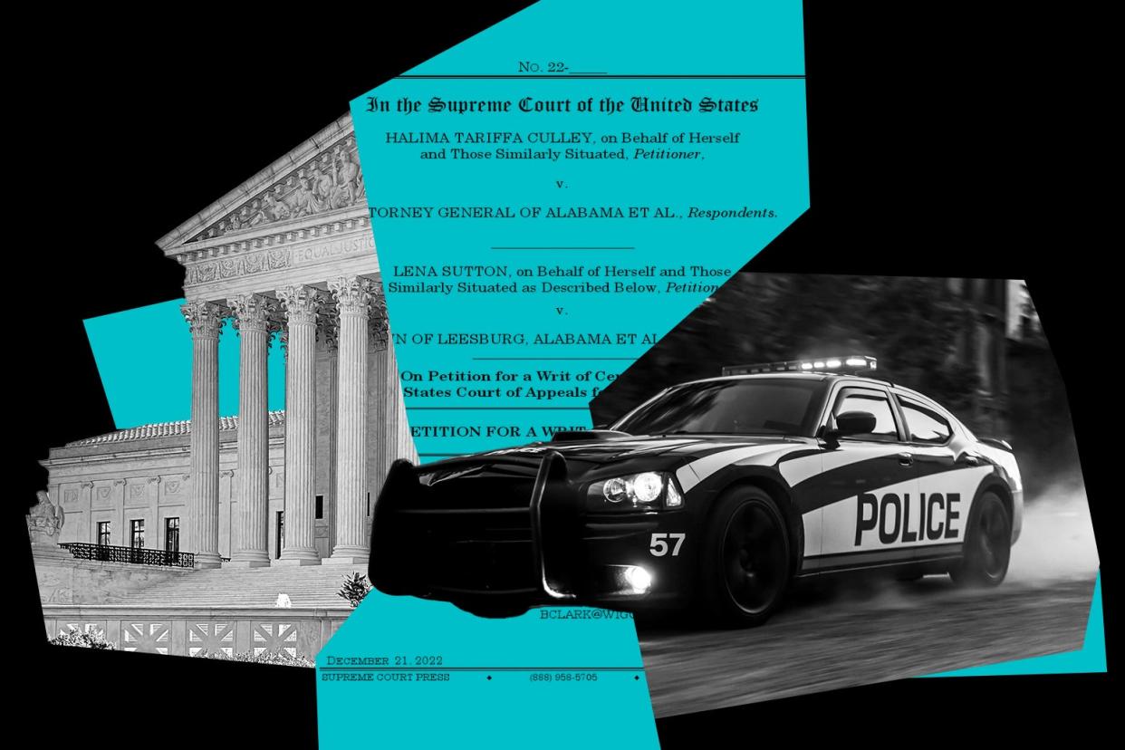 A collage that combines court documents in Culley v. Marshall, a police car, and the Supreme Court building.