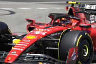 Ferrari driver Carlos Sainz of Spain steers his car during the Formula One first practice session at the Monaco racetrack, in Monaco, Friday, May 26, 2023. The Formula One race will be held on Sunday. (AP Photo/Luca Bruno)