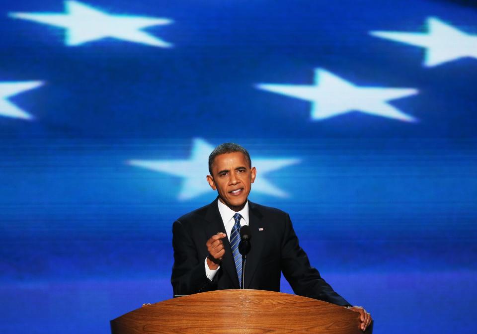 CHARLOTTE, NC - SEPTEMBER 06:  Democratic presidential candidate, U.S. President Barack Obama speaks on stage as he accepts the nomination for president during the final day of the Democratic National Convention at Time Warner Cable Arena on September 6, 2012 in Charlotte, North Carolina. The DNC, which concludes today, nominated U.S. President Barack Obama as the Democratic presidential candidate.  (Photo by Alex Wong/Getty Images)