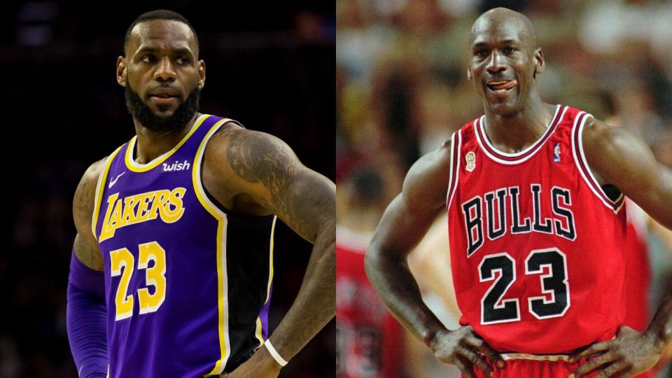 LeBron James, left, passed Michael Jordan on the NBA's all-time scoring list against the Denver Nuggets on March 6, 2019.