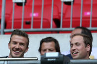 David Beckham and Prince William, Duke of Cambridge watch on during the Men's Football first round Group A Match between Great Britain and United Arab Emirates on Day 2 of the London 2012 Olympic Games at Wembley Stadium on July 29, 2012 in London, England. (Photo by Julian Finney/Getty Images)