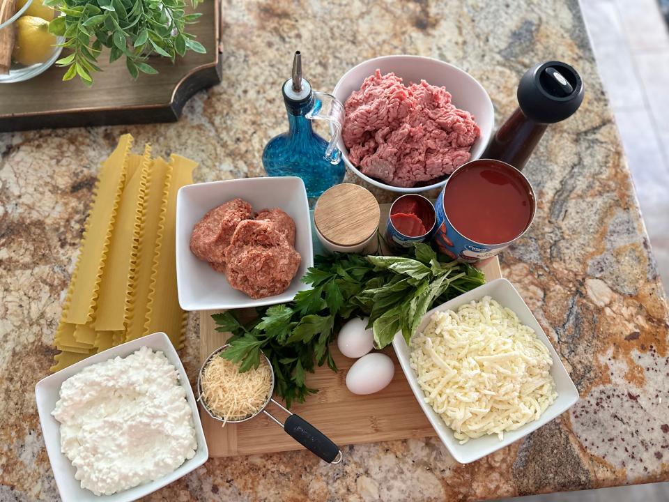 ingredients for ree drummond's lasagna on a kitchen counter