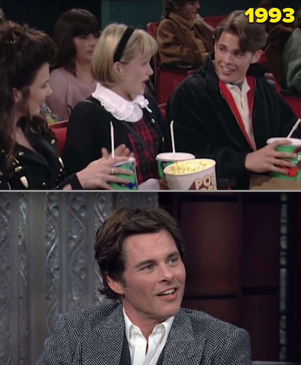 James Marsden on a date at the movies in "The Nanny" and on Colbert's talk show