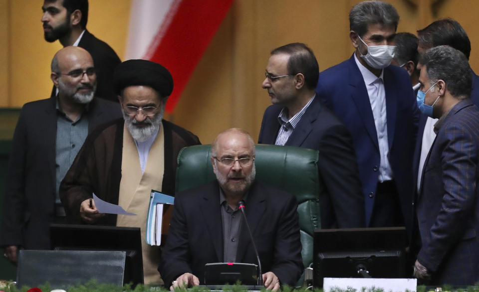 Mohammad Bagher Qalibaf speaks after being elected as speaker of the parliament, in Tehran, Iran, Thursday, May 28, 2020. Iran's parliament elected Qalibaf, a former mayor of Tehran tied to the Revolutionary Guard, as its next speaker Thursday, solidifying hard-line control of the body as tensions between the U.S. and the Islamic Republic remain high over its collapsed nuclear deal. (AP Photo/Vahid Salemi)