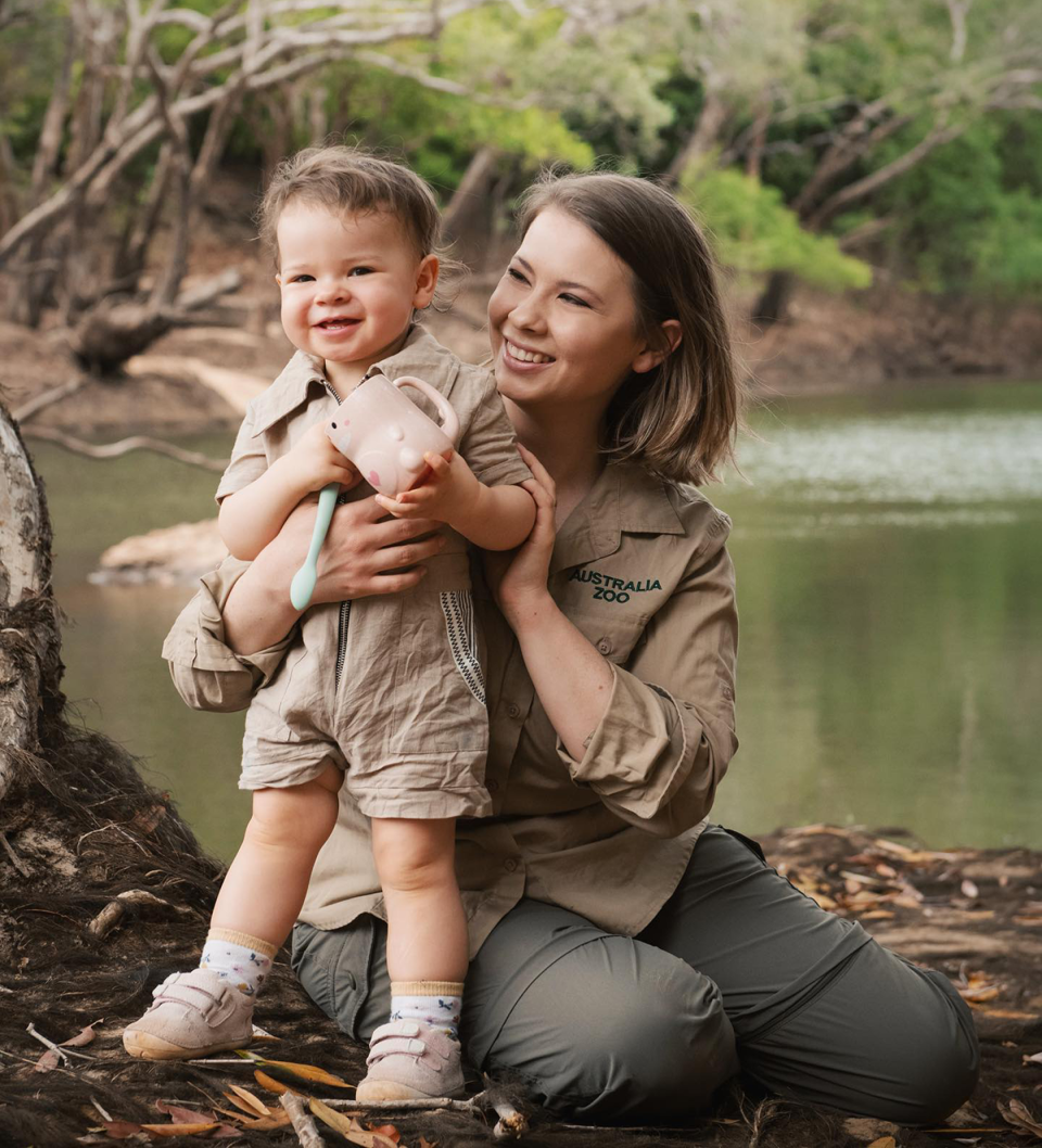 Bindi Irwin and her daughter Grace Warrior in matching khaki.