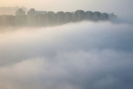 Residential buildings are seen among thick fog in Yantai, Shandong province, China, October 19, 2016. China Daily/via