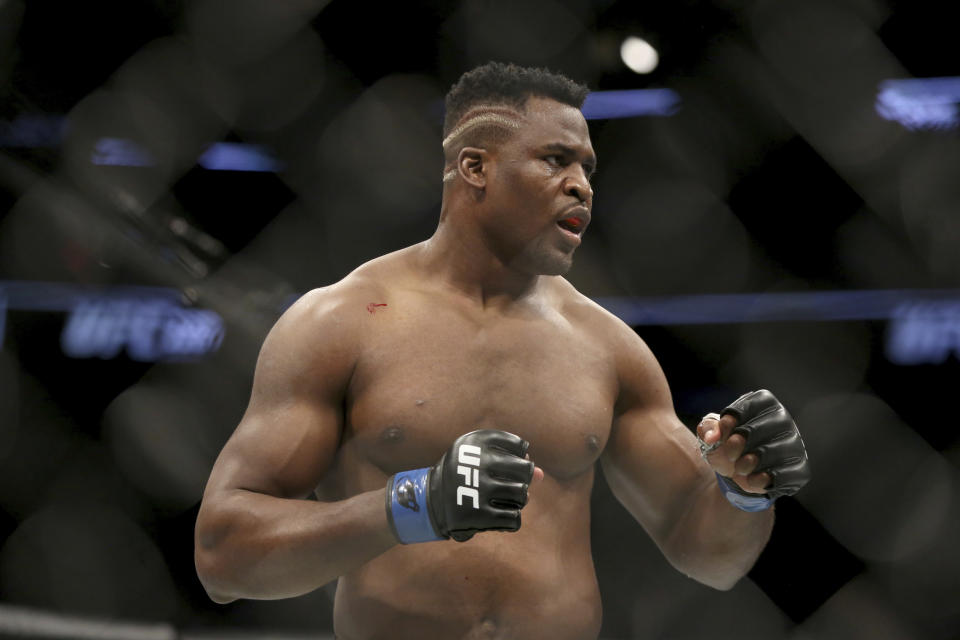 FILE - Francis Ngannou is shown during a heavyweight championship mixed martial arts bout against Stipe Miocic at UFC 220, Sunday, Jan. 21, 2018, in Boston. Ngannou's reign as one of the top heavyweights in MMA will continue in the Professional Fighters League following the former champion’s contentious split with UFC. (AP Photo/Gregory Payan, File)