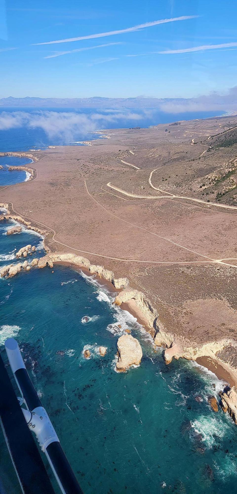 The coastline just north of the Diablo Canyon nuclear power plant, as seen from a PG&E helicopter performing an aerial survey of fire risks to power lines on Oct. 25, 2022.