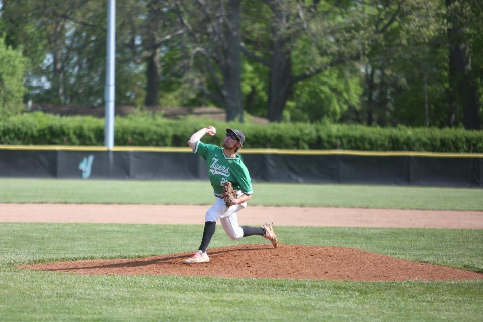 Yorktown's Jacob Pruitt pitching in the 2022 Delaware County baseball semifinals at Yorktown High School on Saturday, May 14, 2022.
