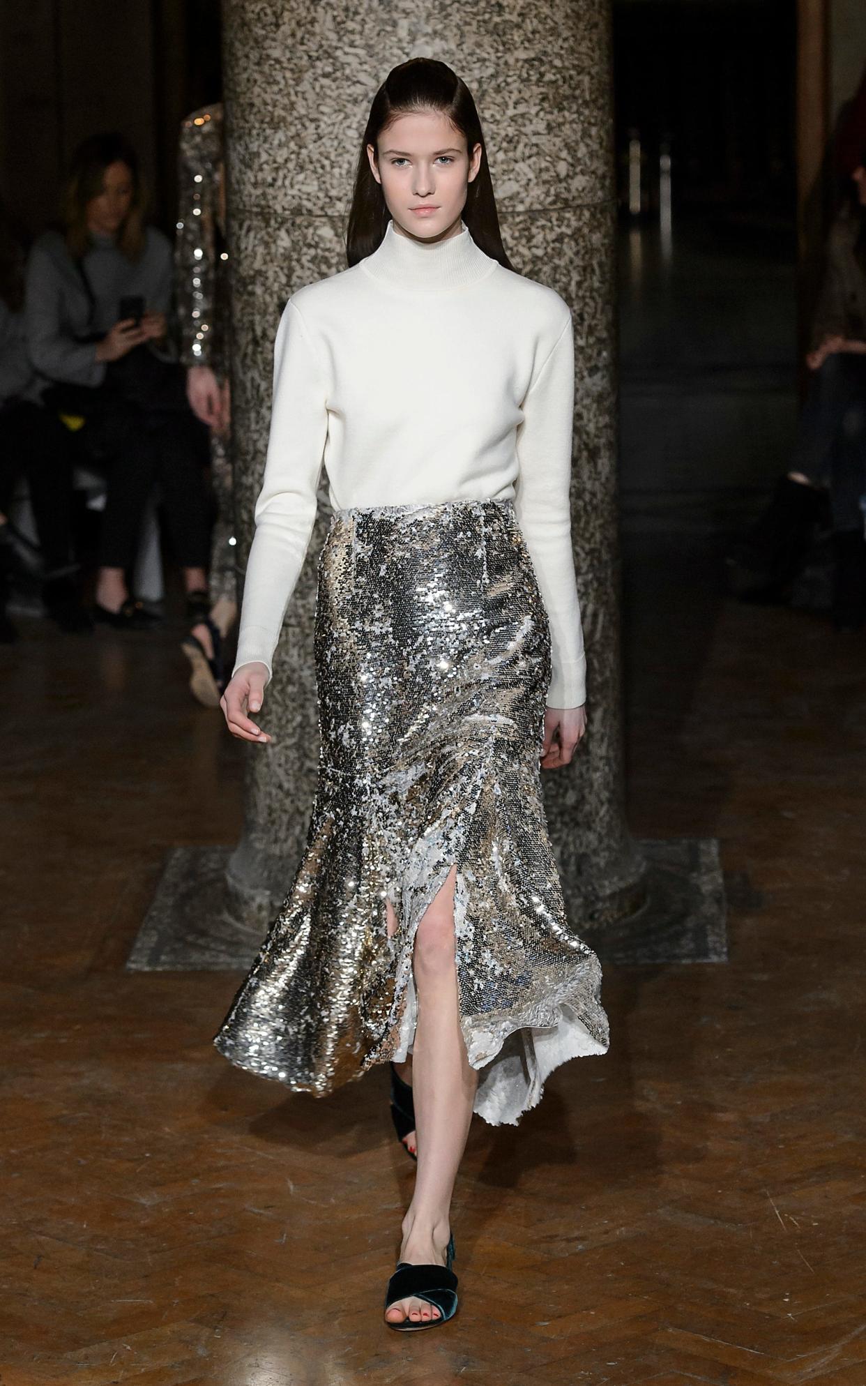 A sequinned skirt and knit are ideal for a chilly new years eve night.  - Isidore Montag 