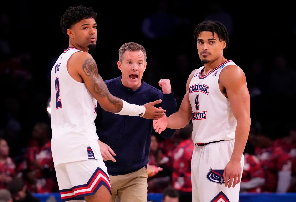 March 22, 2024, Brooklyn, NY, USA; Florida Atlantic Owls head coach Dusty May reacts against the Northwestern Wildcats in the first round of the 2024 NCAA Tournament at the Barclays Center. Mandatory Credit: Robert Deutsch-USA TODAY Sports