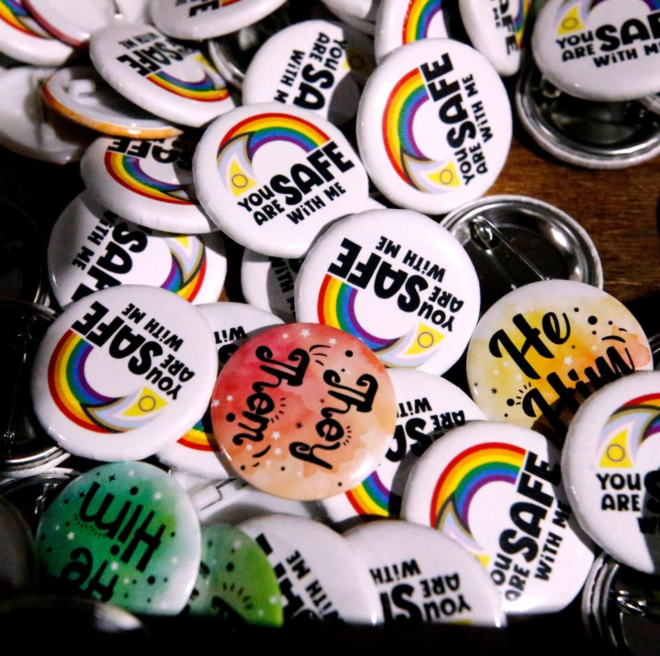 Free LBGTQIA buttons were available at the BoroPride Festival at the Tennessee Miller Coliseum, in Murfreesboro, Tenn. on Saturday, Oct. 28, 2023.