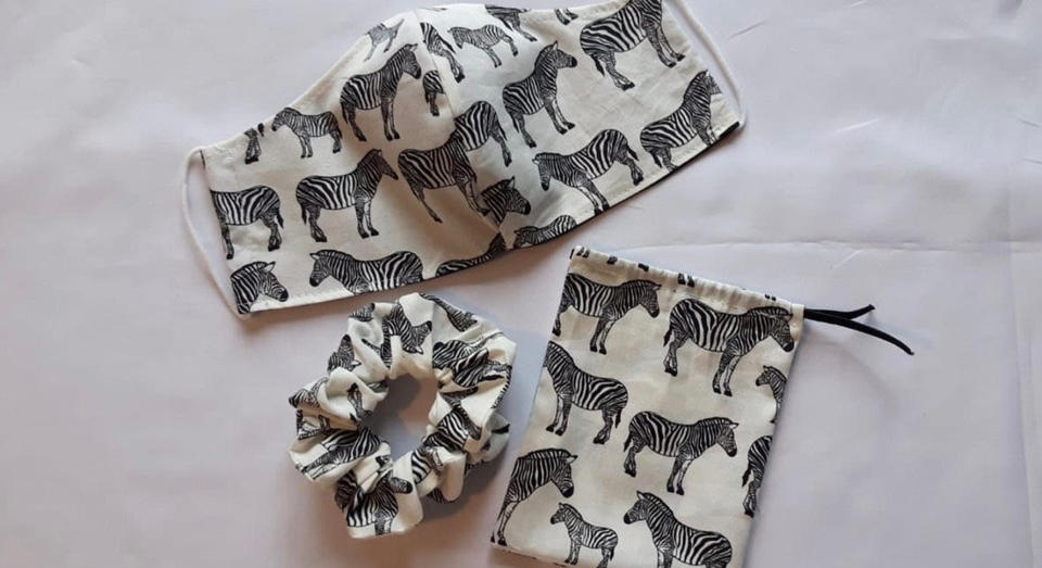 Matching zebra face mask, scrunchie and drawstring pouch