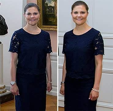 Bei einem Empfang mit Vertretern aus der Politik präsentierte Victoria von Schweden einen Look, der schick und preiswert zugleich war. Diesmal wählte sie eine dunkelblaue Spitzen-Kombi der schwedischen Mode-Kette Lindex. Der Rock hat nur knapp 35 Euro gekostet, das Oberteil sogar nur 29,95 Euro. Ein Spitzen-Outfit zum Nachshoppen. 