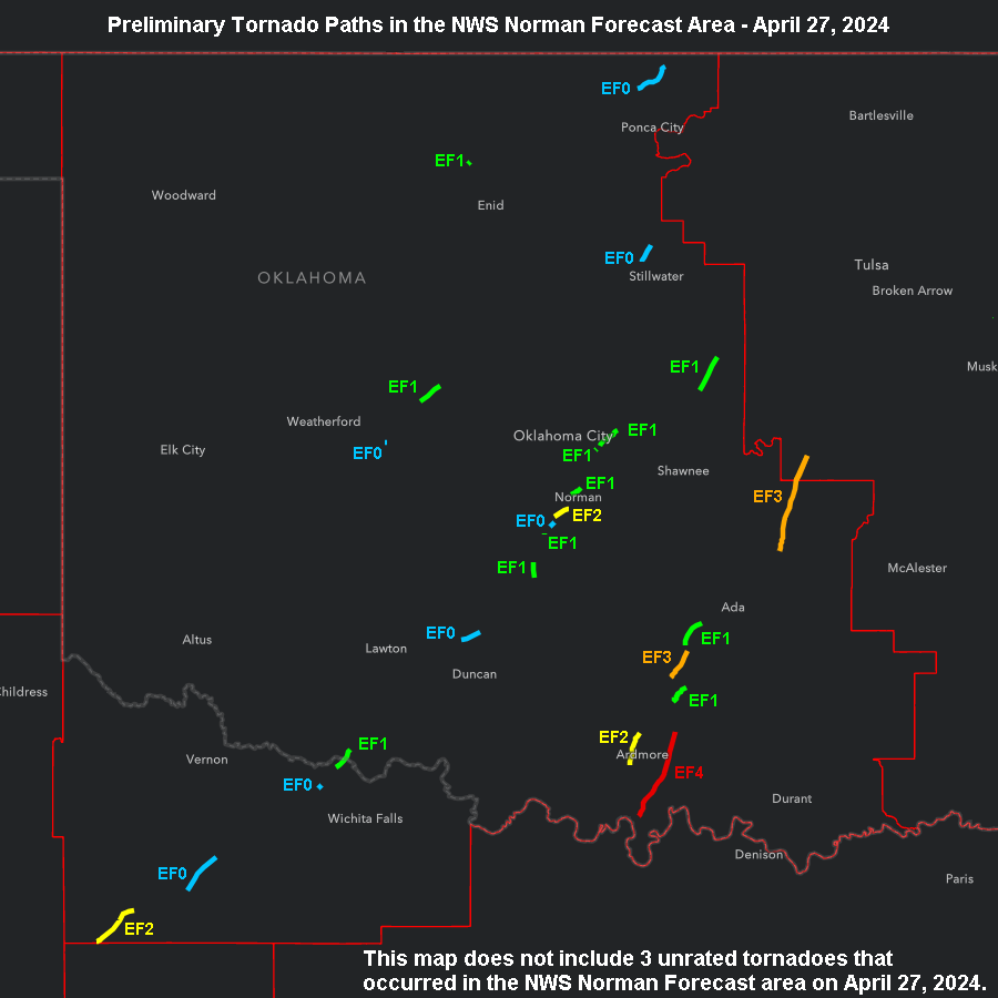 This map from the April 27 tornado outbreak shows twister tracks in North Texas and Oklahoma.